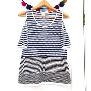 Chico’s Blue & White Stripe Cold Shoulder Sweater